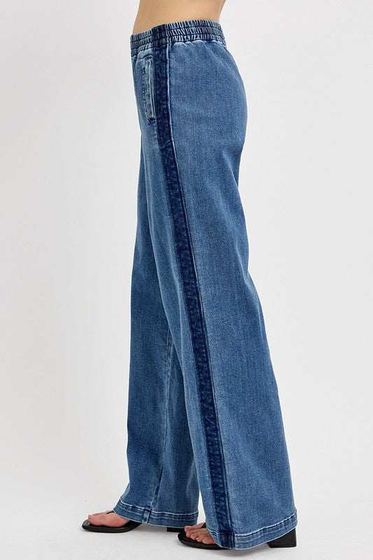 RISEN full size elastic waist wide leg jeans plus size, blue, side view showcasing elastic waistband and wide-leg style.