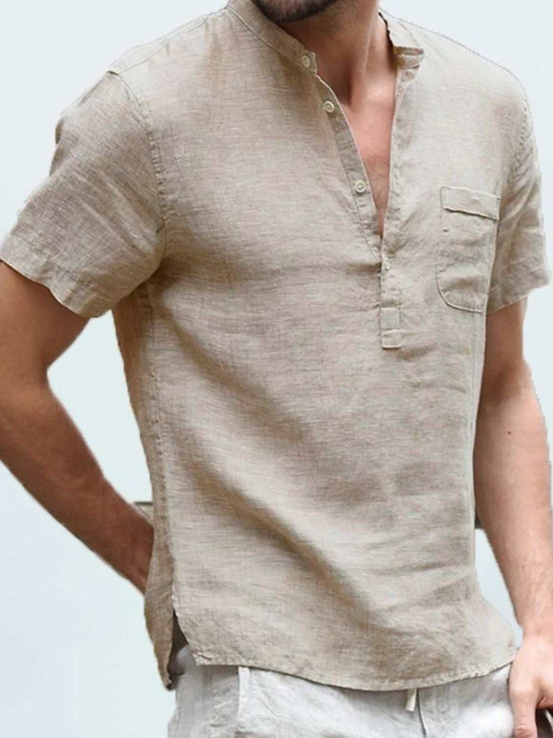 Men's full size half button polo, short sleeve, polyester and flax blend.