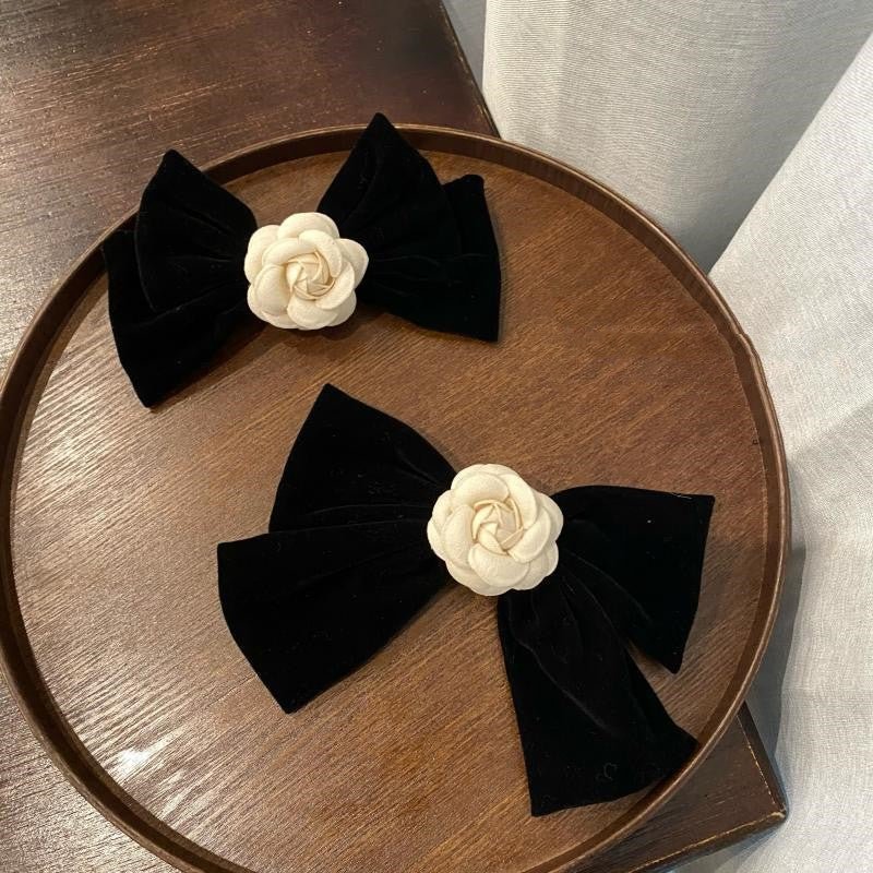 Vintage Velvet Camellia Bow Hair Clip Black
