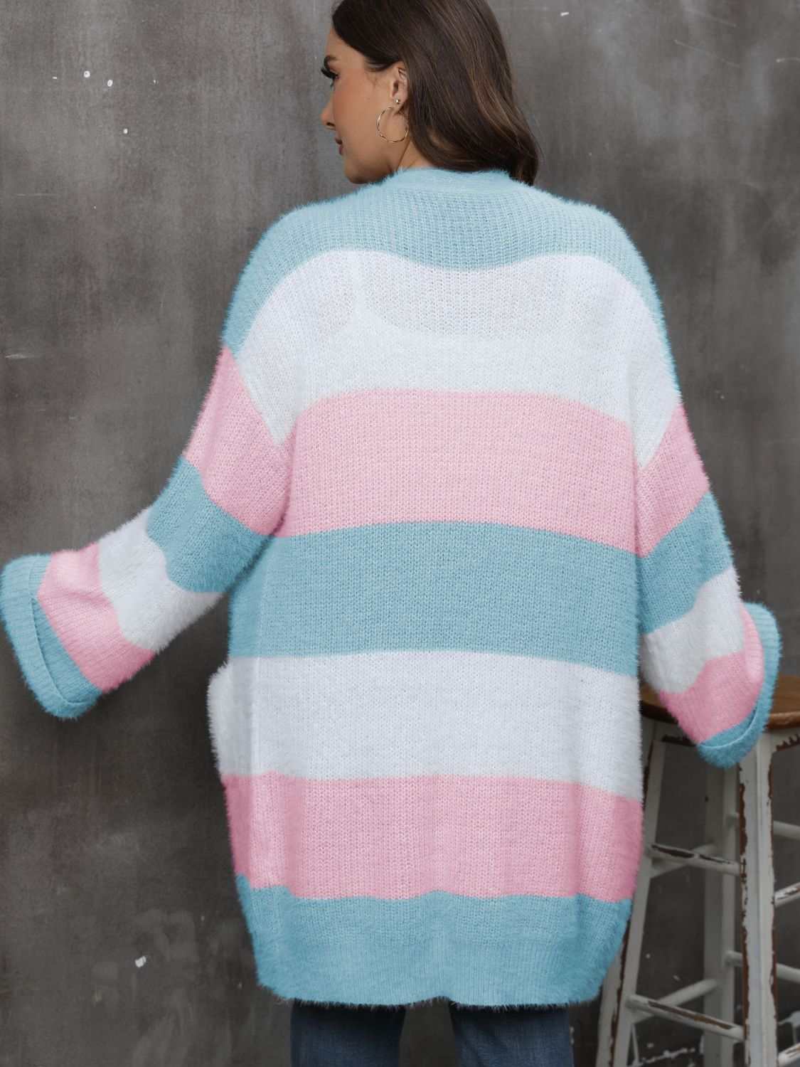 Plus size open front long sleeve cardigan with pastel stripes, moderate stretch, 100% acrylic.