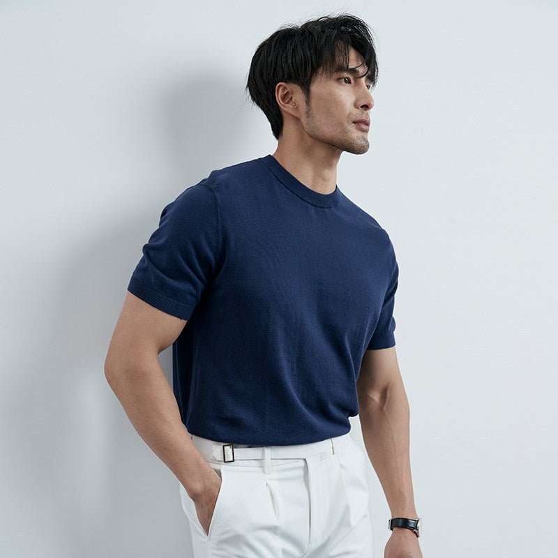Summer New Solid Color Short Sleeve Knitted Men's Ice Silk Casual