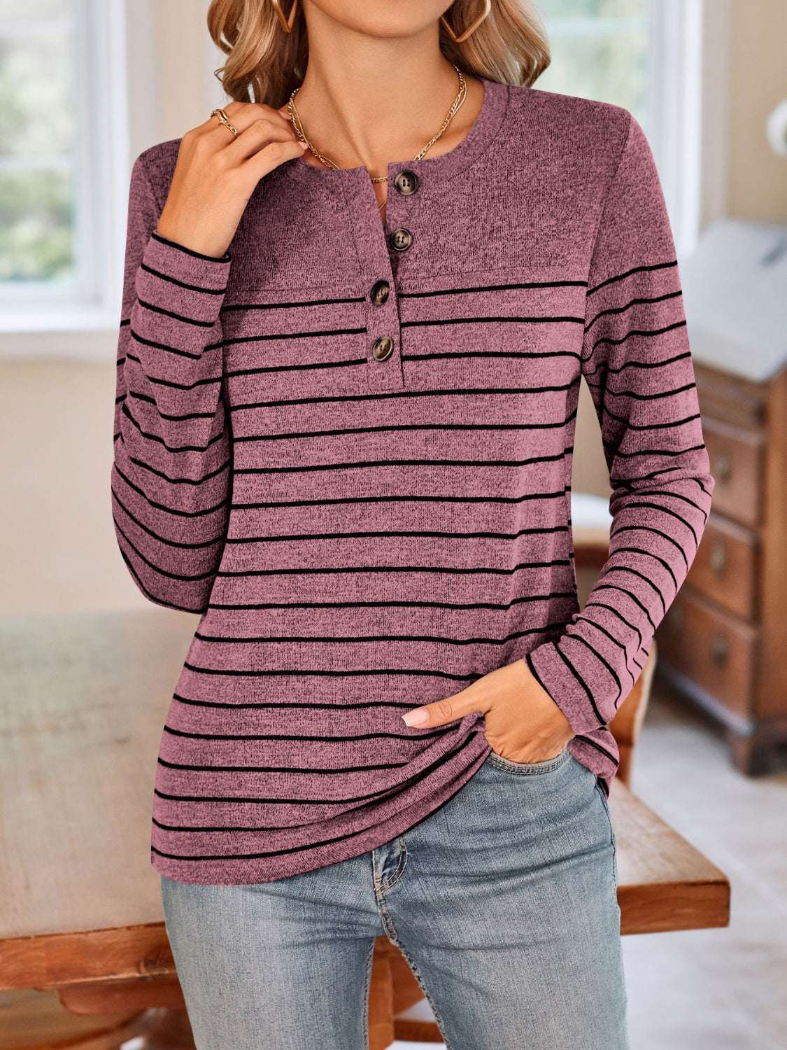 Lovelet quarter button striped round neck long sleeve t-shirt in purple.
