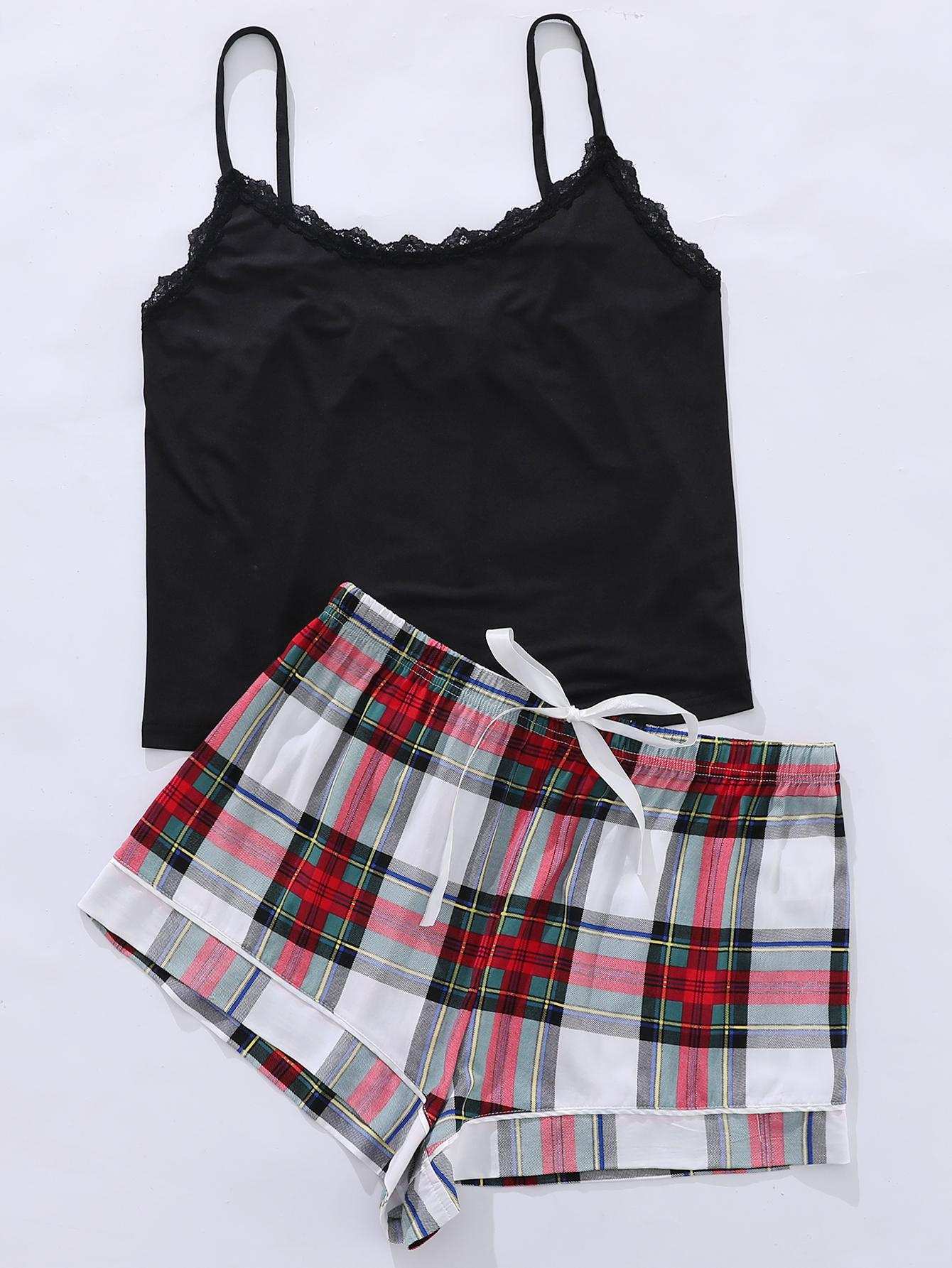 Plus size lace trim scoop neck cami with plaid shorts pajama set.