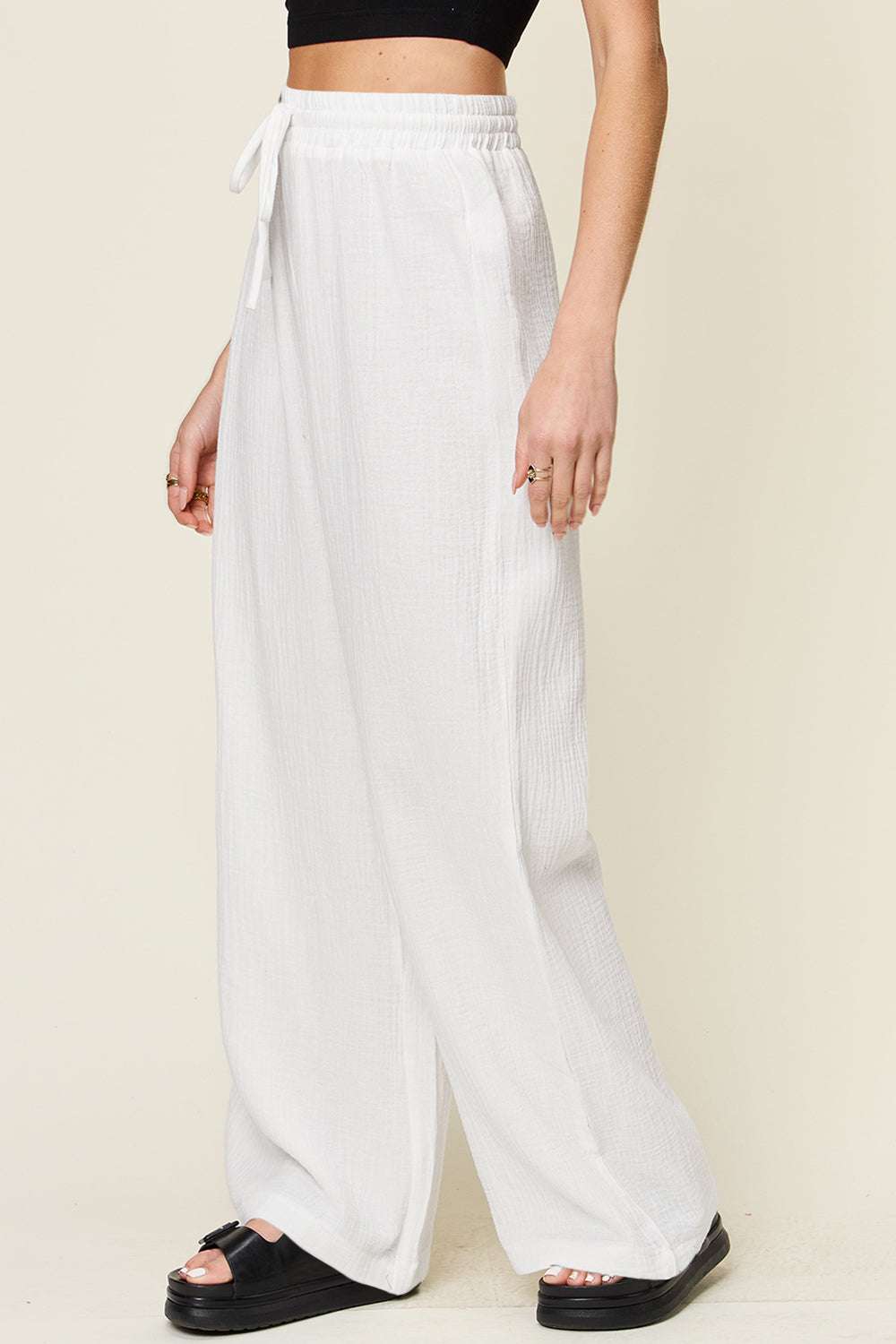 Double Take full size wide leg pants with drawstring, 100% cotton.