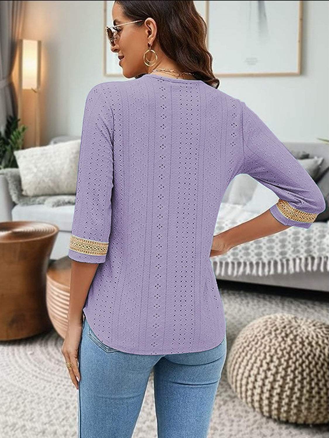 V-Neck Eyelet Blouse with 3/4 sleeves in lavender, featuring a basic style and detailed eyelet pattern.