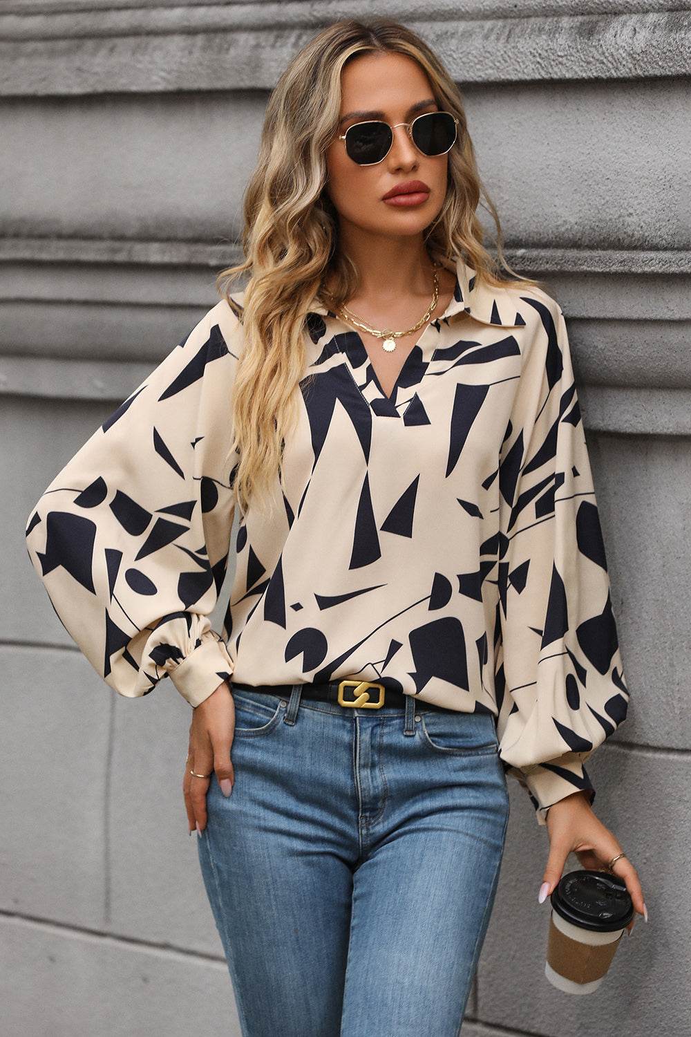 Perfee Printed Johnny Collar Blouse with geometric design, worn by a woman in sunglasses.