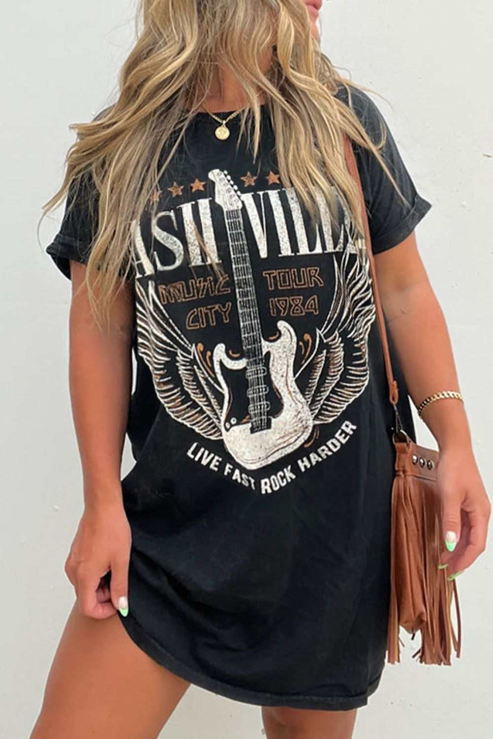 Graphic round neck short sleeve tee dress with guitar print, rock-inspired design.