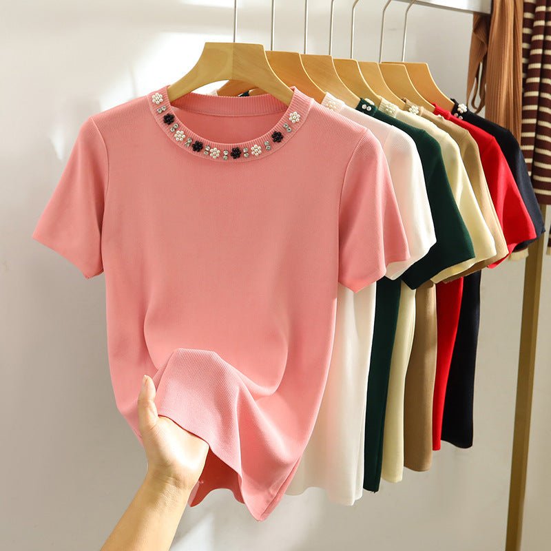 Round Neck Heavy Industry Ice Silk Short Sleeve T-shirt Female Spring And Summer Elegant Knitwear
