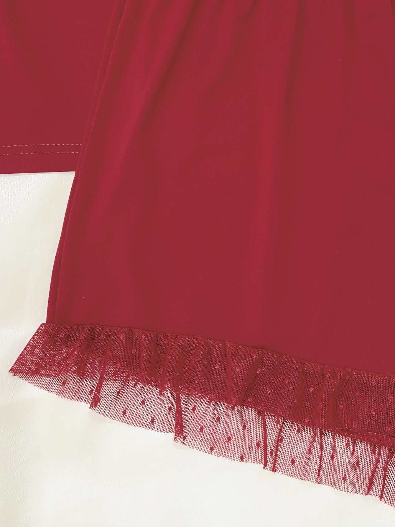 Gathered detail spliced mesh sleeveless top and shorts set in red with lace trim.