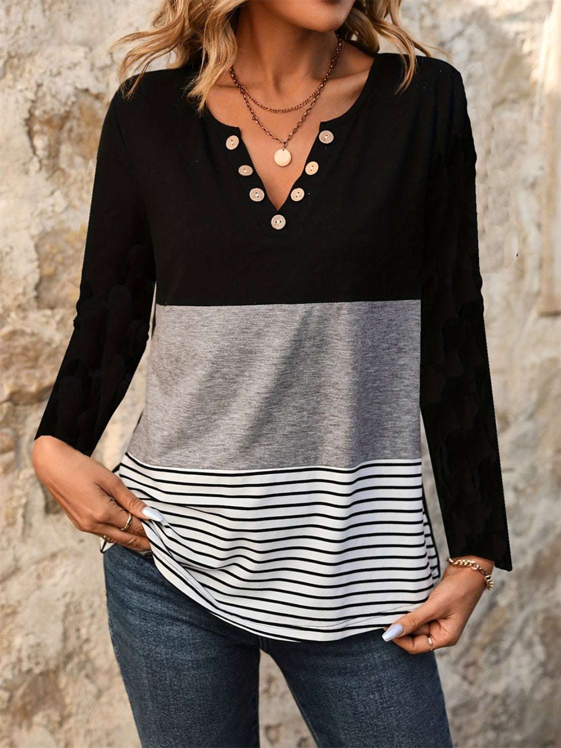 Notched Long Sleeve T-Shirt with Decorative Button, Slight Stretch, Black and Gray Striped Design