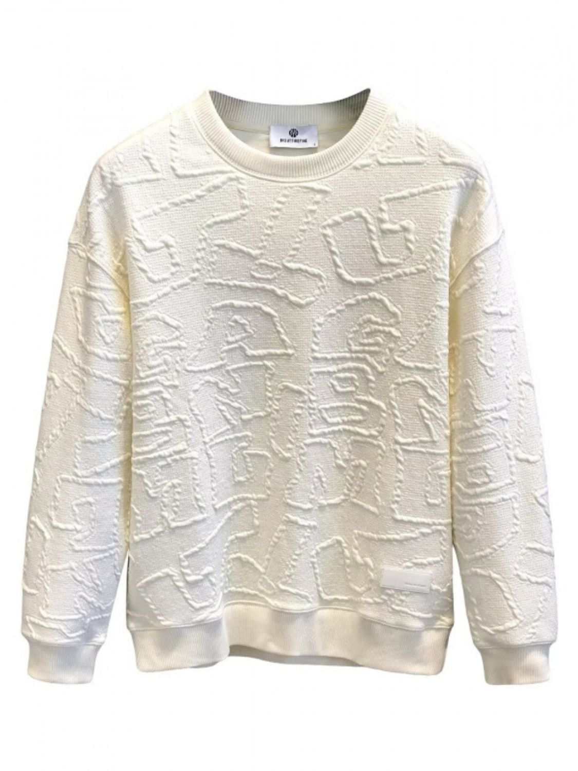 Men's plus size textured round neck long sleeve sweatshirt in off-white.