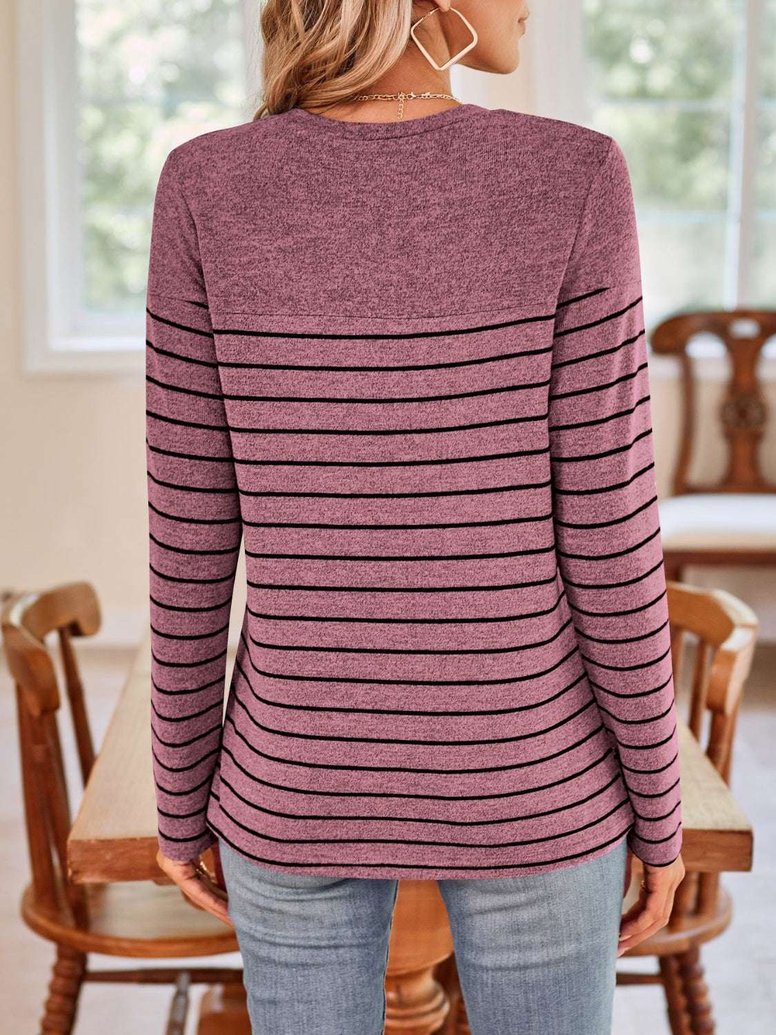 Lovelet quarter button striped round neck long sleeve T-shirt in purple back view.