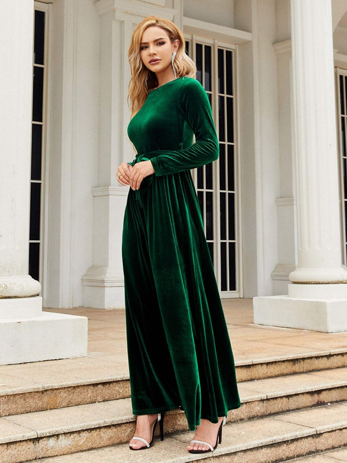 Tie Front Round Neck Long Sleeve Maxi Dress in green, featuring opaque polyester fabric, slightly stretchy with machine washable care instructions.