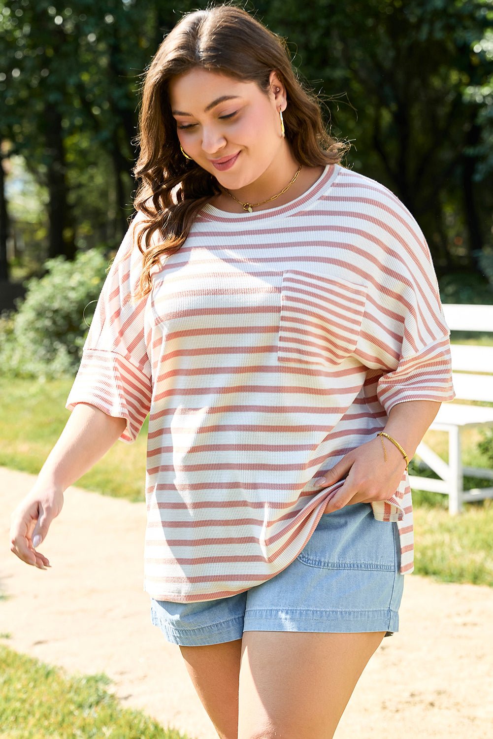 Pink Stripe Waffle Knit Pocketed Half Sleeve Plus Size T Shirt