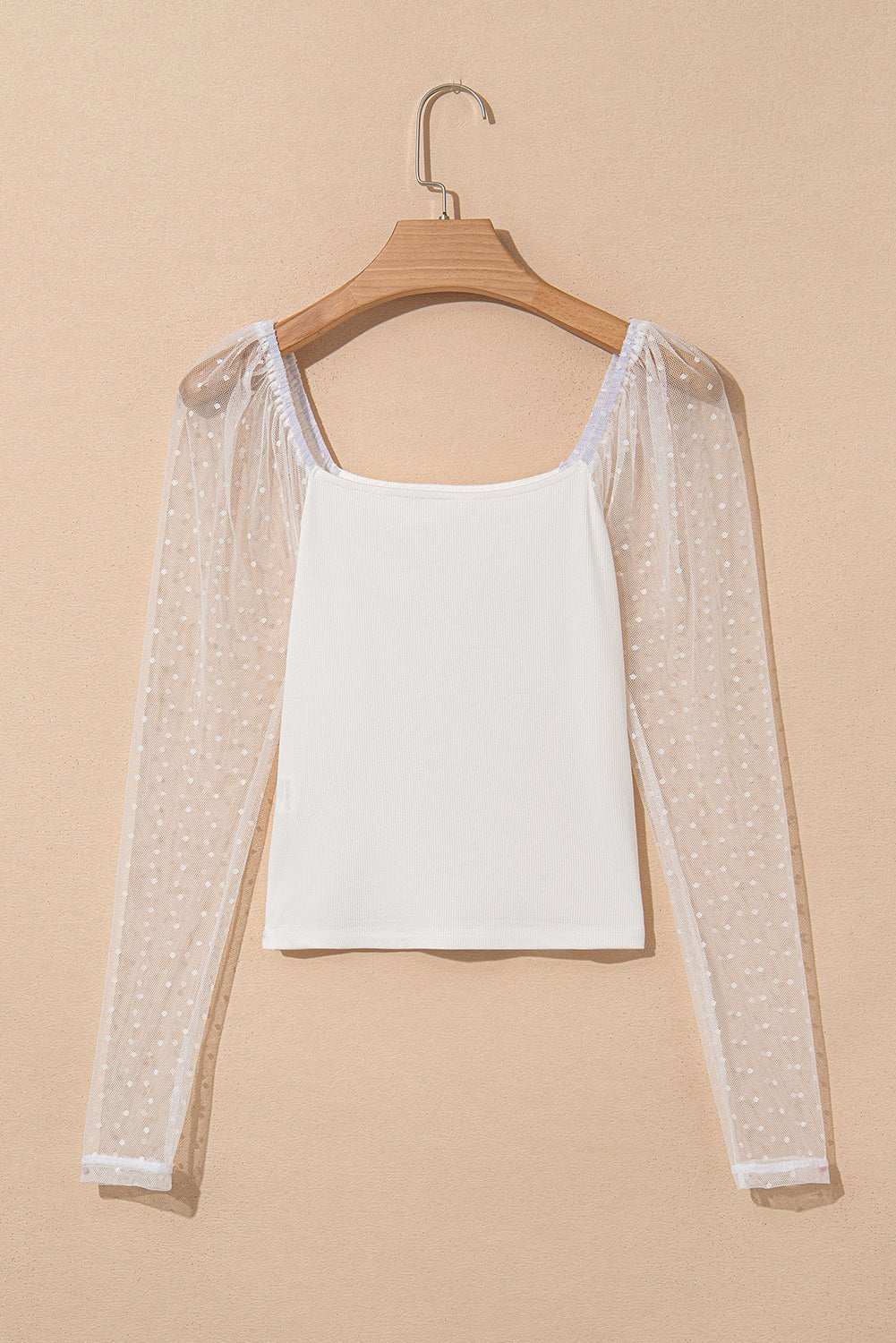 White Swiss Dot Mesh Long Sleeve Square Neck Slim Top