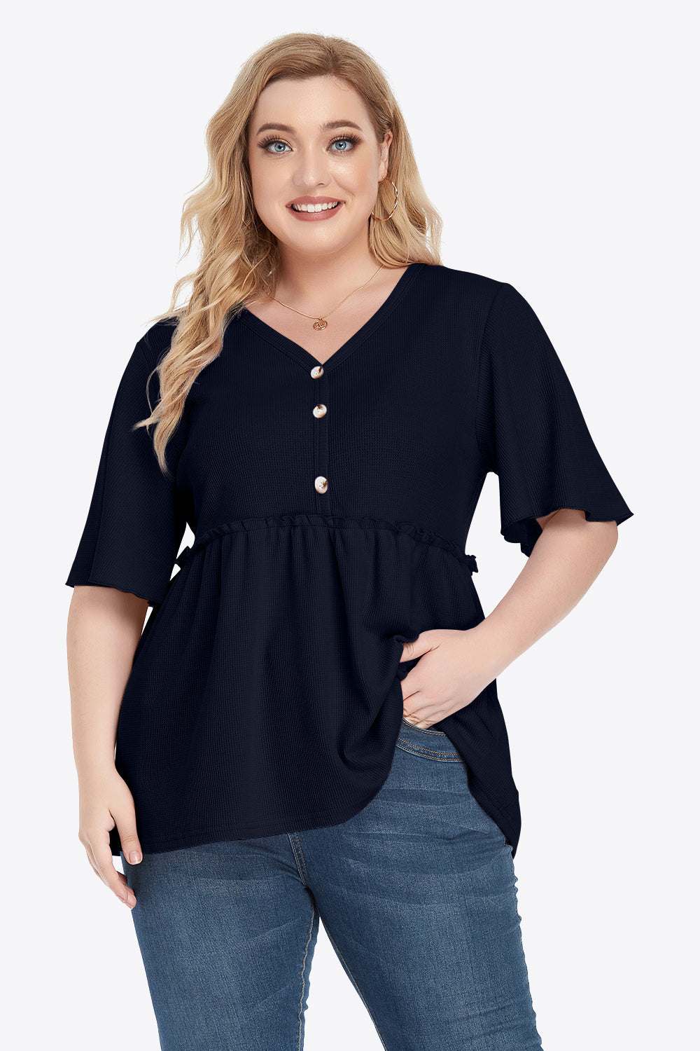 Plus size buttoned V-neck frill trim babydoll blouse with flutter sleeves.
