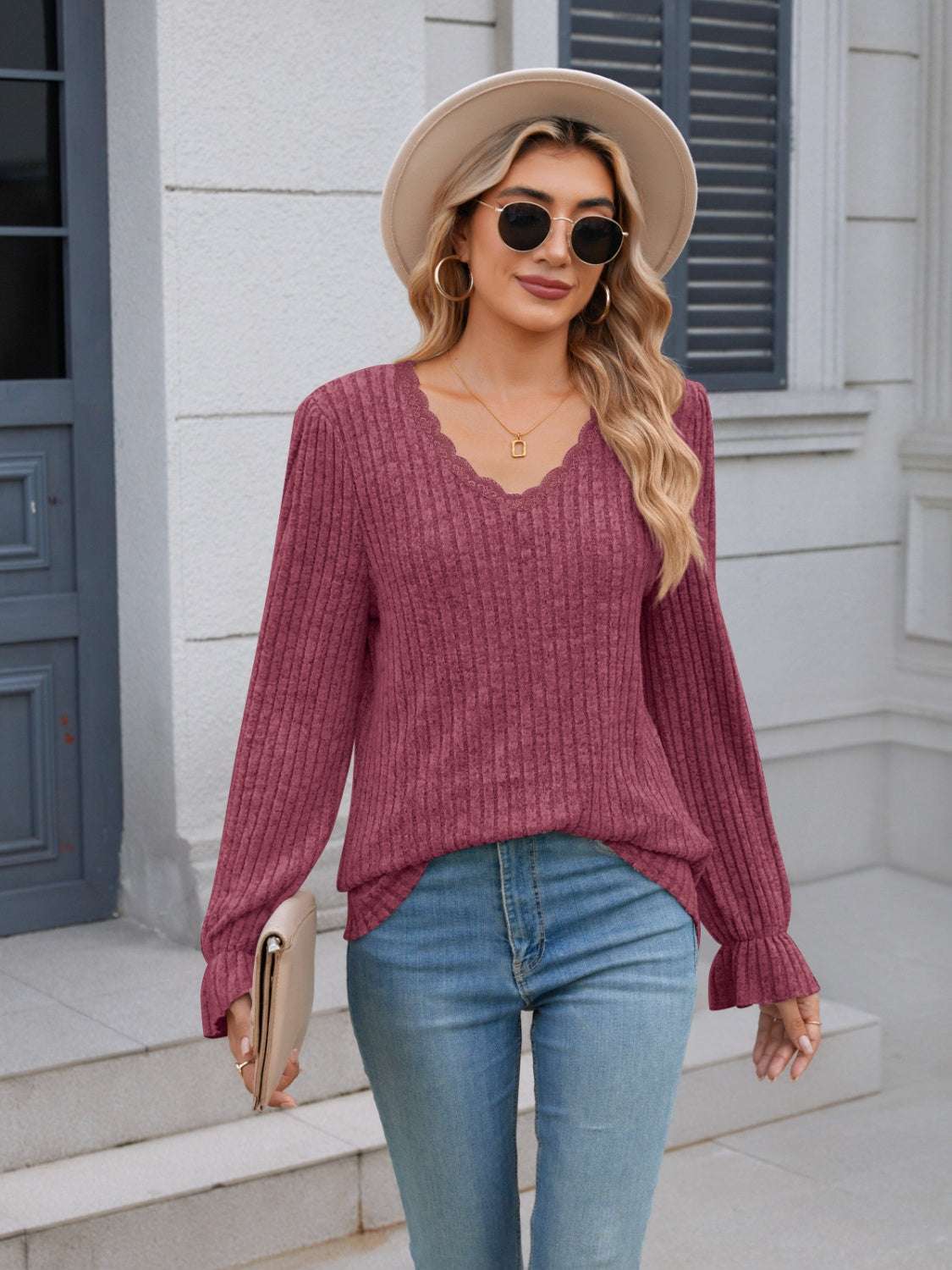 Lace Detail V-Neck Long Sleeve T-Shirt with Ruffled Cuffs