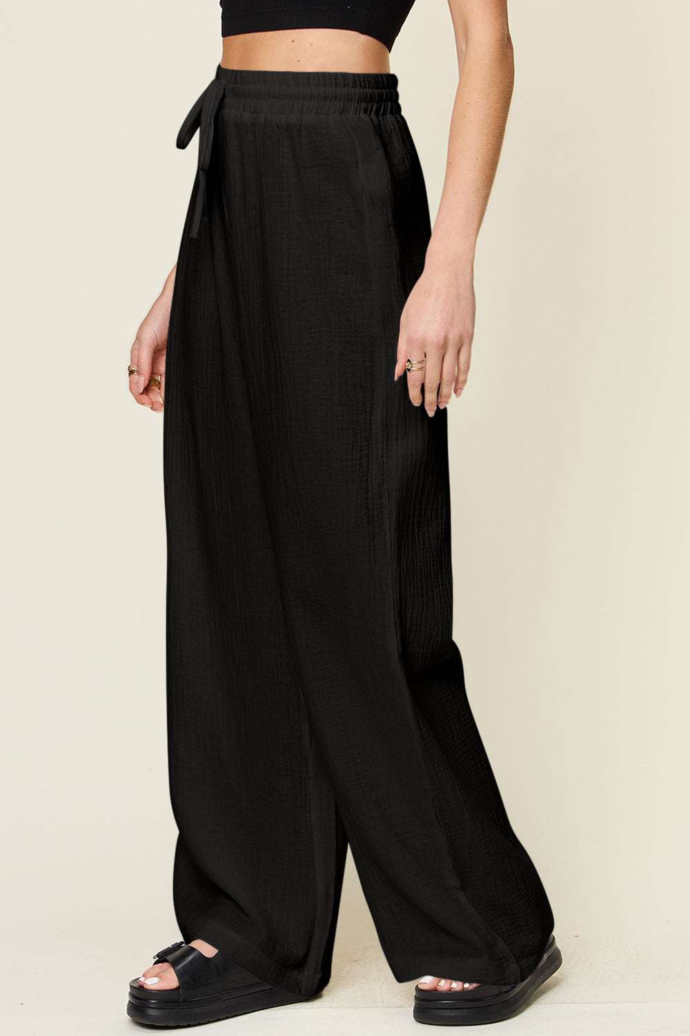 Double Take Full Size Texture Drawstring Wide Leg Pants in black, 100% cotton, opaque.