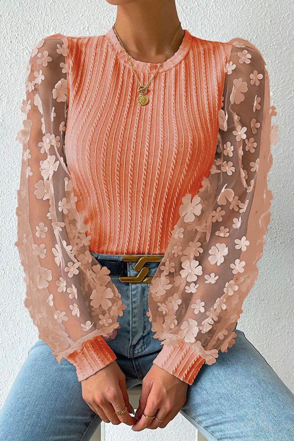 Textured applique long sleeve blouse with round neck and cable-knit design.