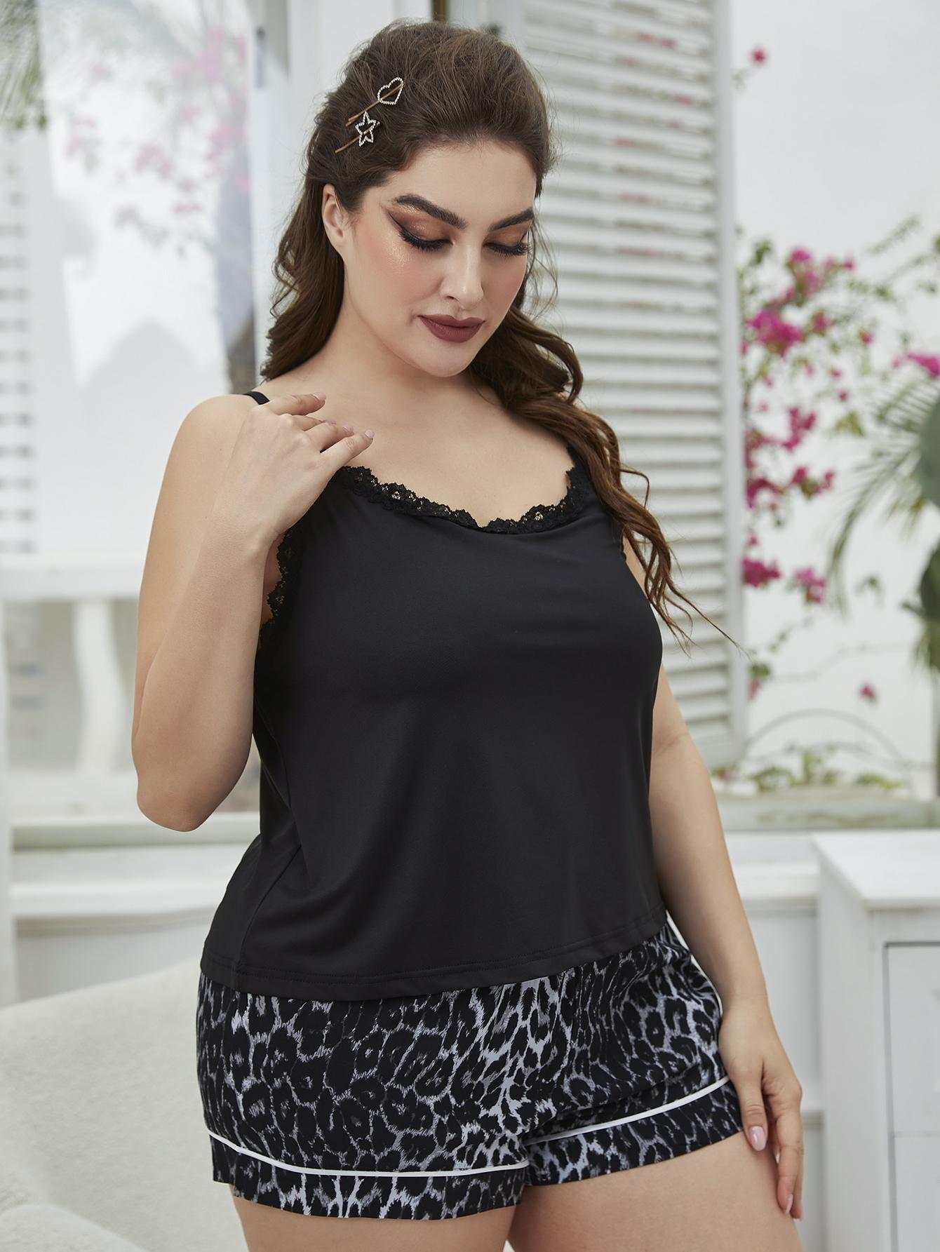 Plus size lace trim scoop neck cami and printed shorts pajama set.
