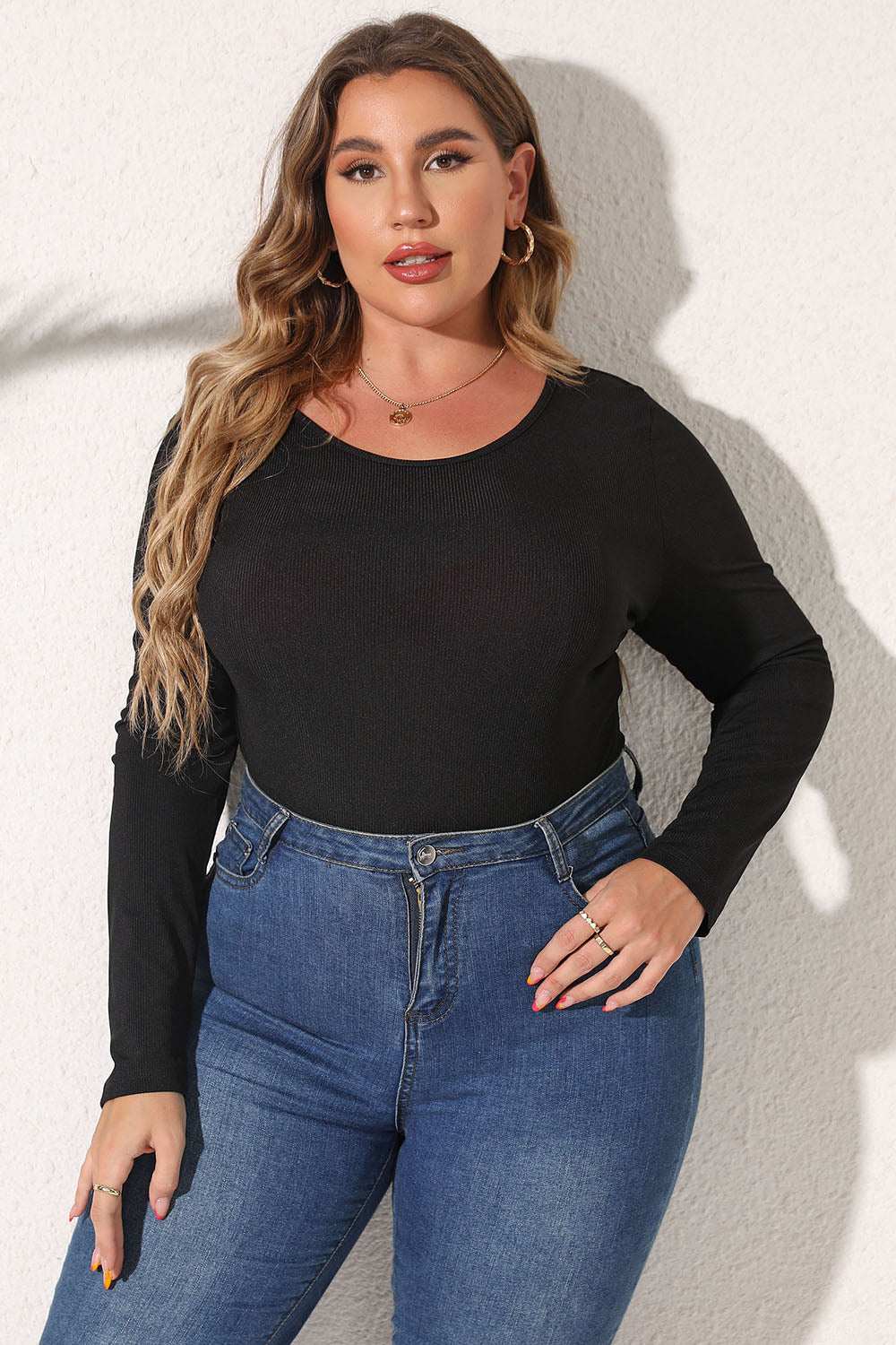 Plus Size Round Neck Long Sleeve Bodysuit Black