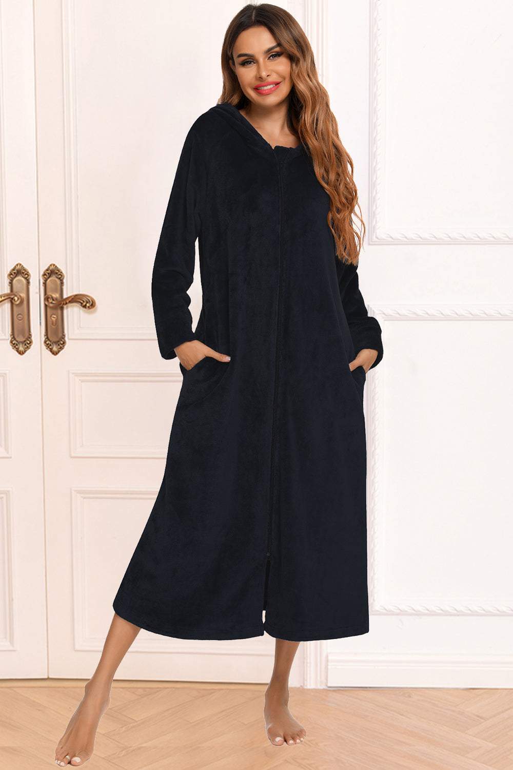 Zip front hooded night dress with pockets, opaque, no stretch, polyester material.