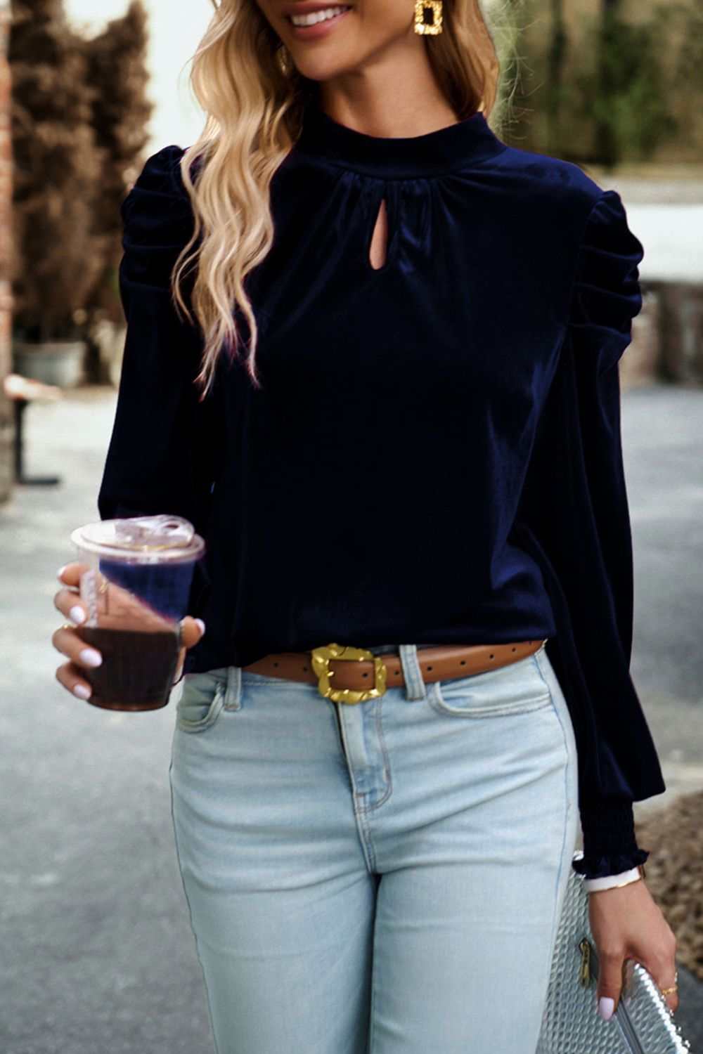 Mock neck velvet fabric long sleeve blouse with tie-up detail.