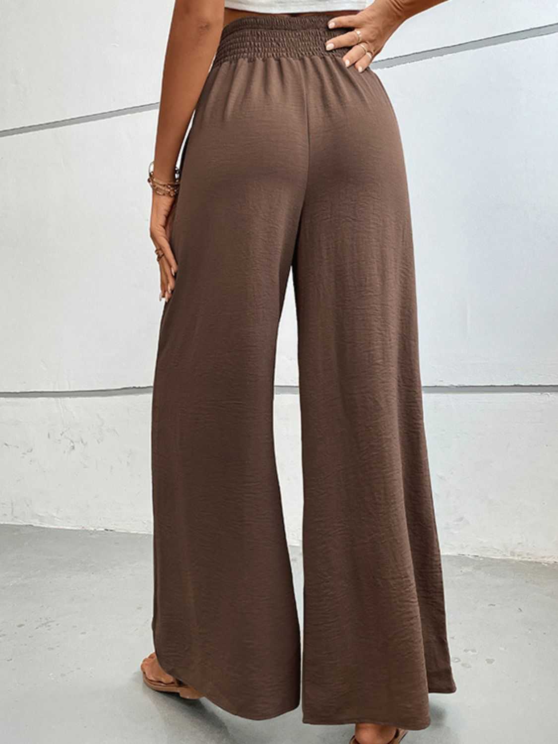 Wide waistband relax fit long pants in solid brown, casual style.