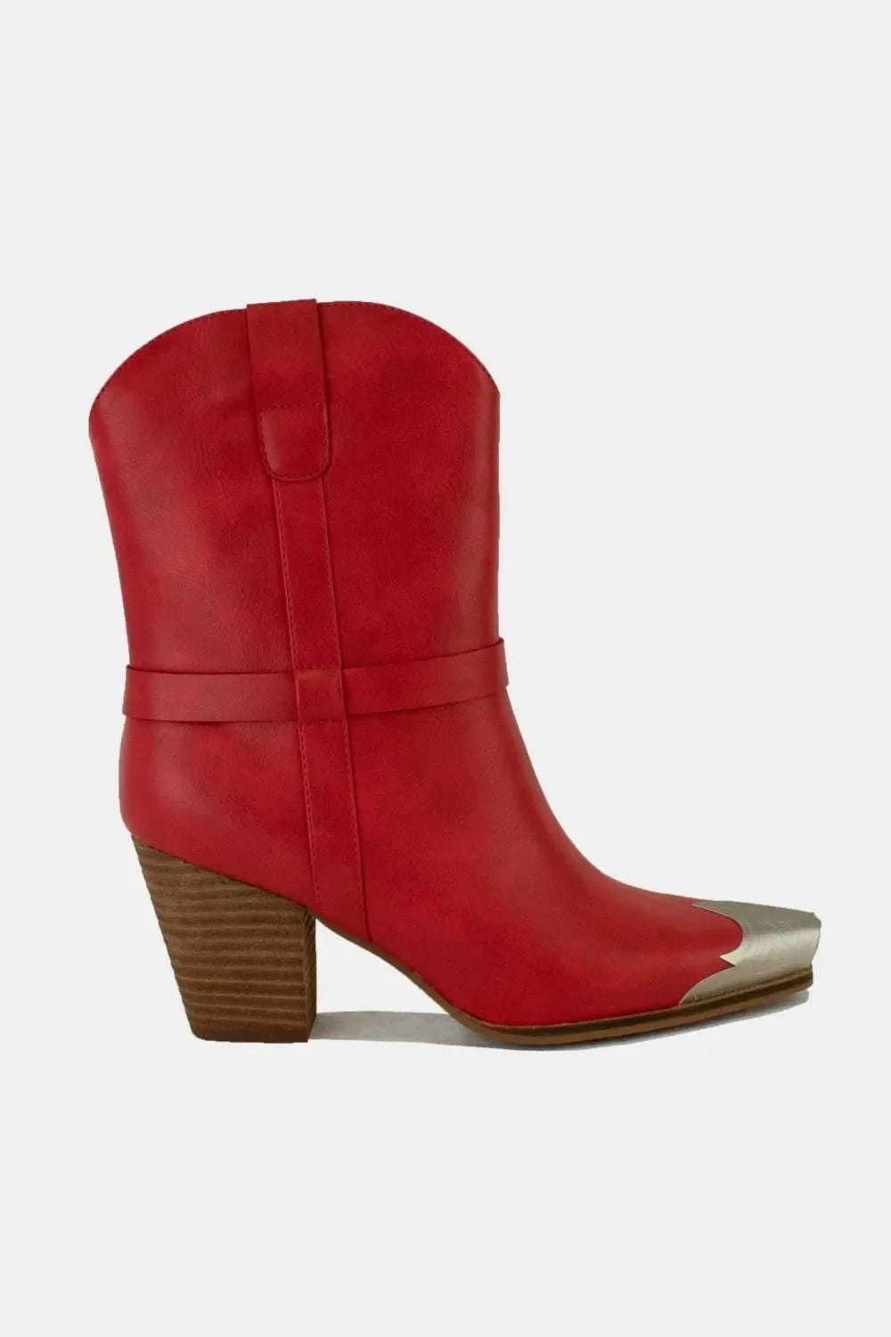 Beast Fashion Faux Leather Metal Toe Ankle Boots with block heel in red.