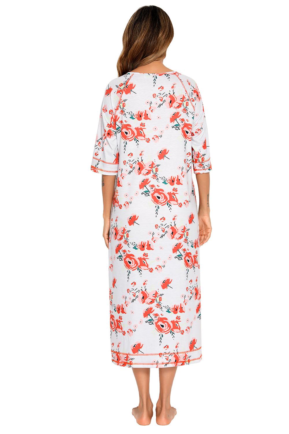 Floral printed slit night dress with pockets, back view.