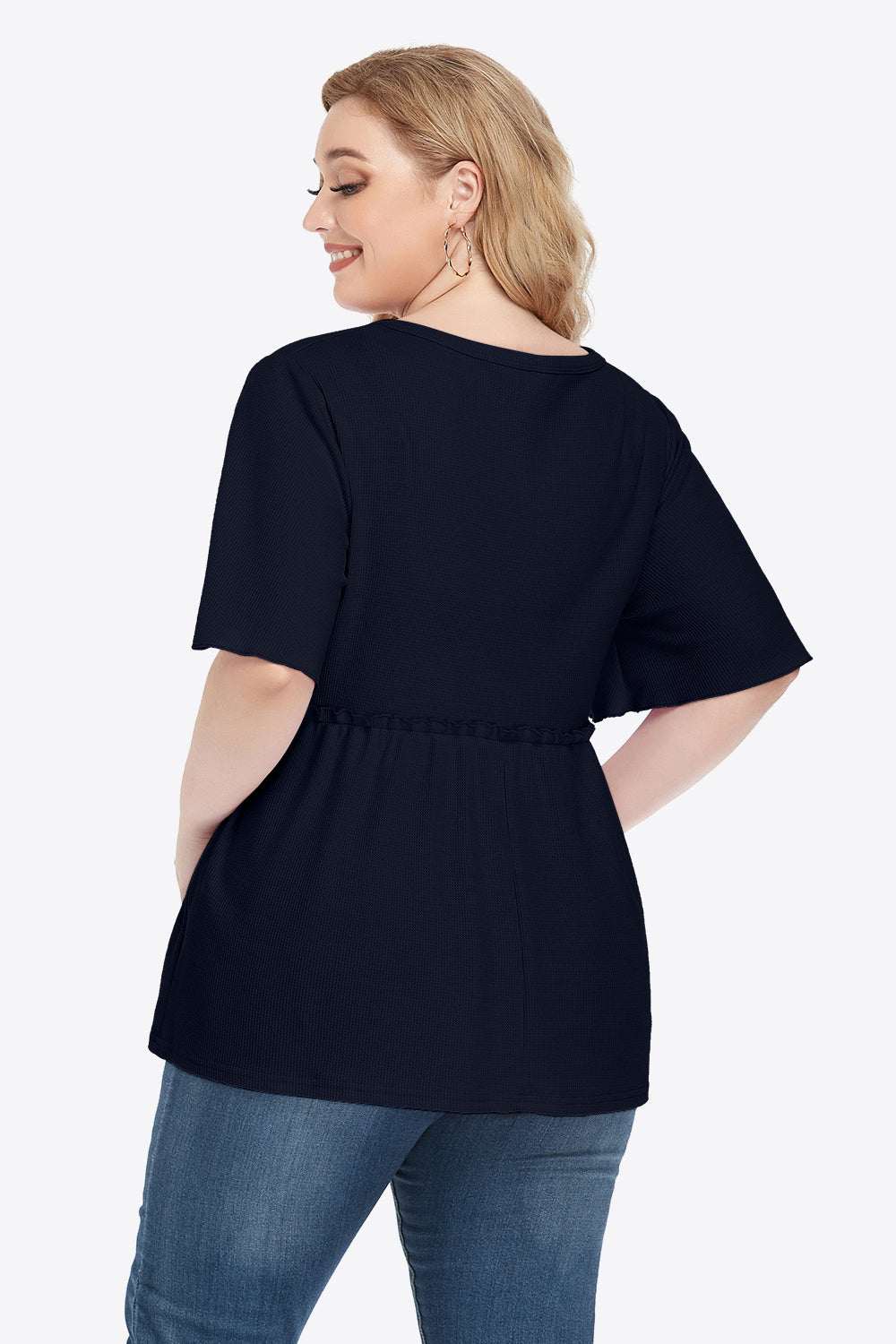 Plus size buttoned V-neck frill trim babydoll blouse with flutter sleeves.