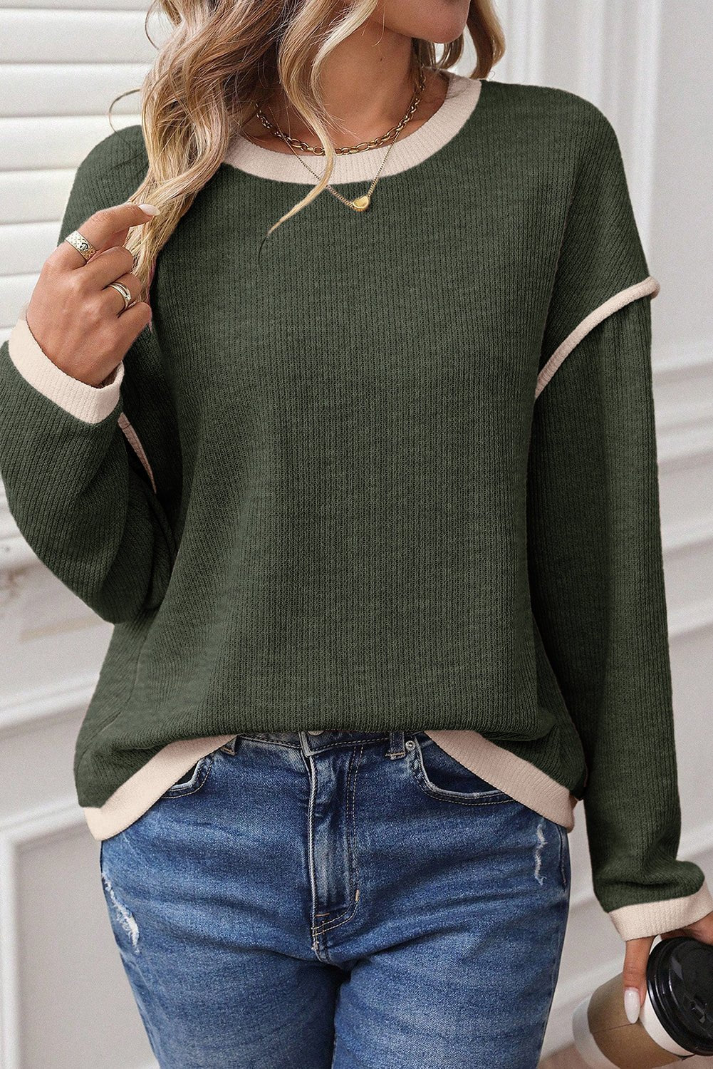 Beige Contrast Color Trim Knit Drop Shoulder Loose Top