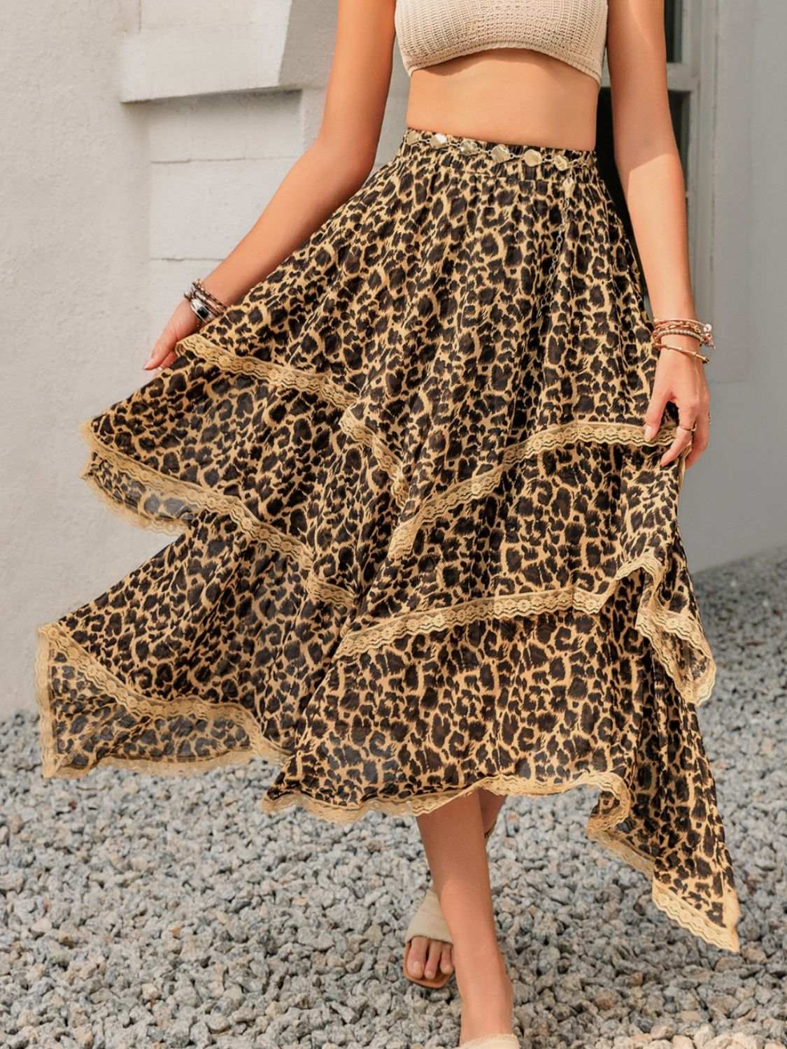 Lace Detail Layered Printed Skirt Leopard