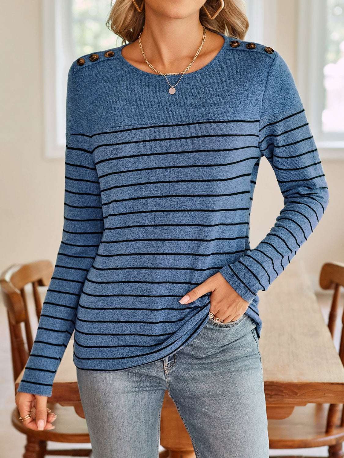 Lovelet Striped Round Neck Long Sleeve T-Shirt with Decorative Buttons