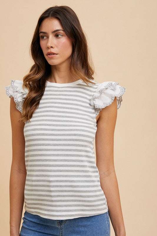 Annie Wear Ruffled Striped Knit Top with Cap Sleeves