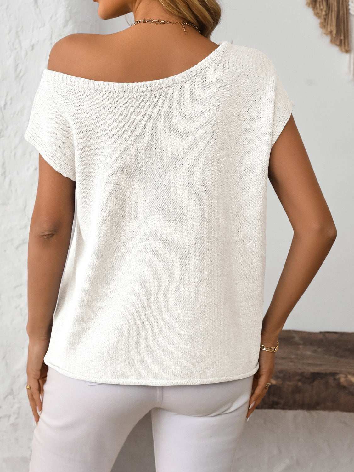 Mandy Boat Neck short sleeve knit top in white, featuring a basic style with moderate stretch.