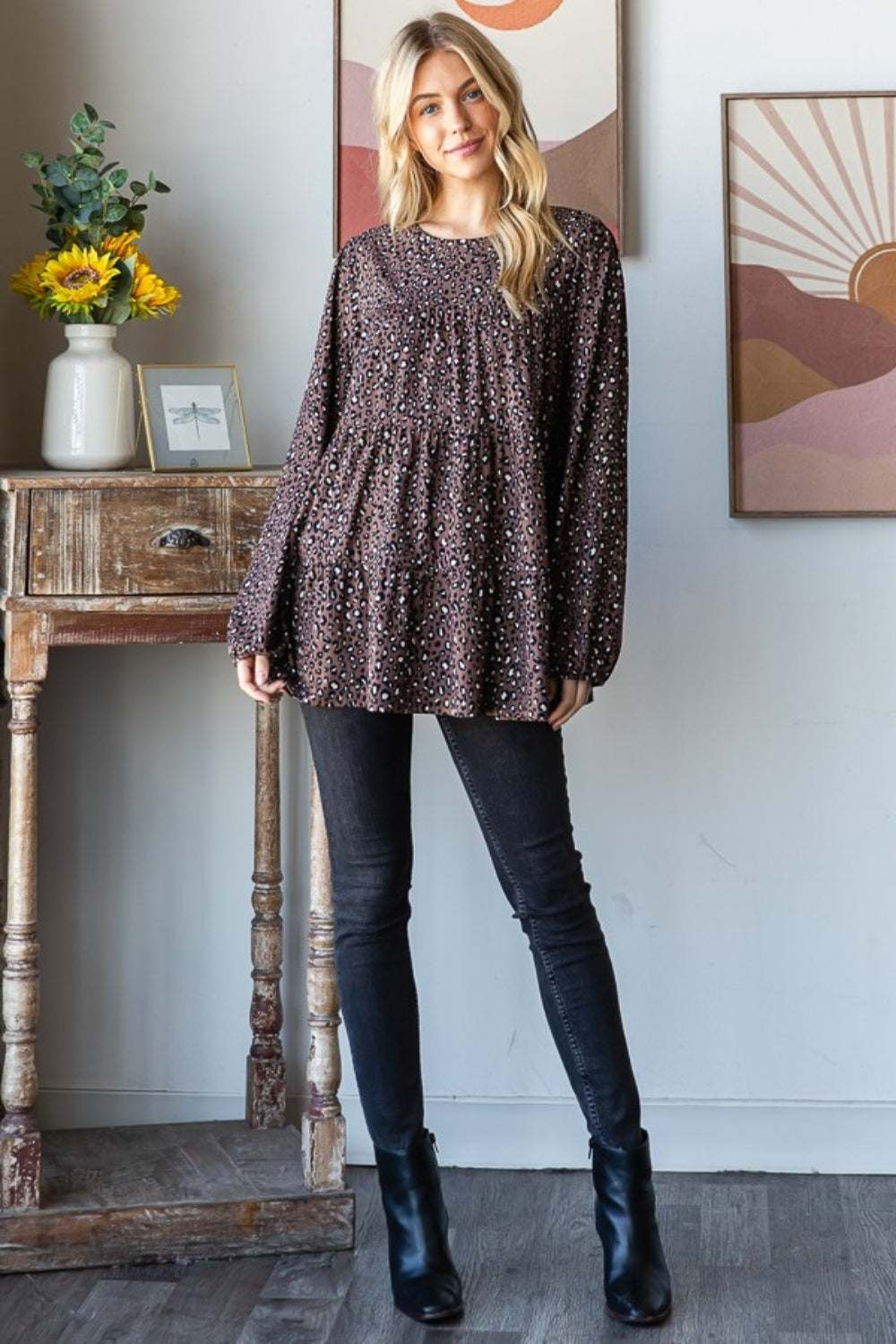 Heimish Leopard Blouse, long sleeve tiered design, trendy and feminine style.