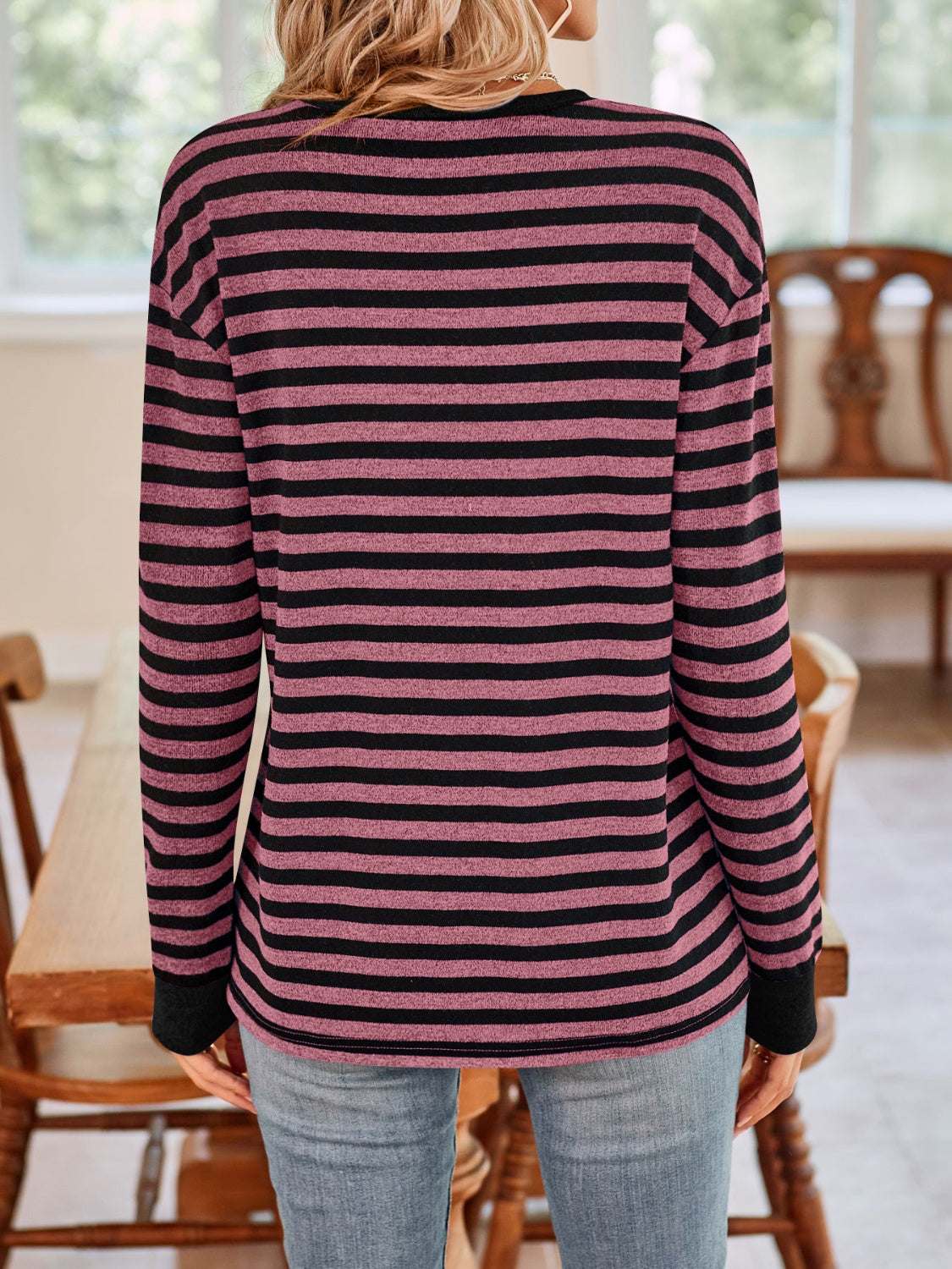 Lovelet striped round neck long sleeve t-shirt in black and pink, viewed from the back.