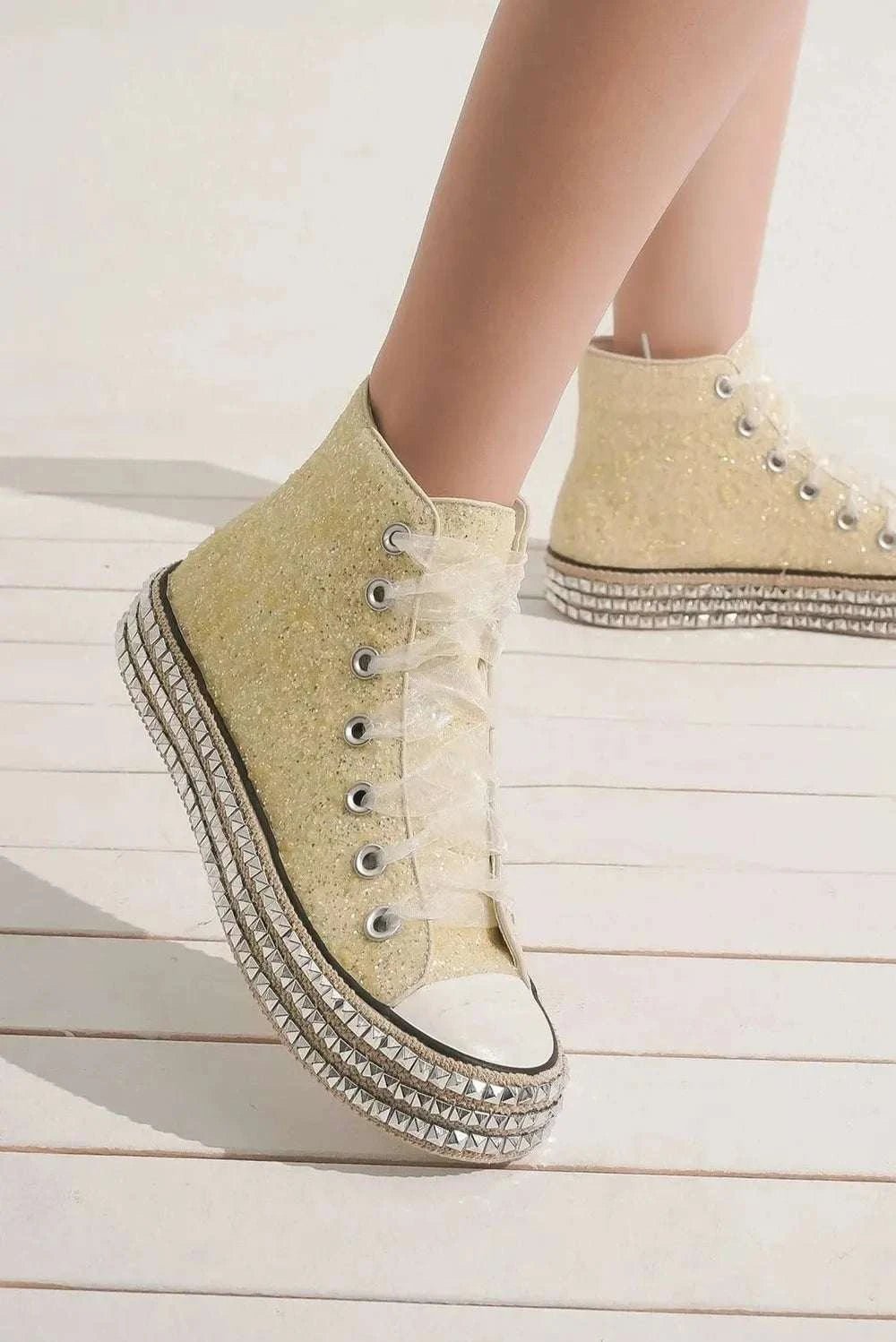 Beast Fashion Glitter Lace-Up Studded Platform Sneakers with shimmering finish and platform sole.