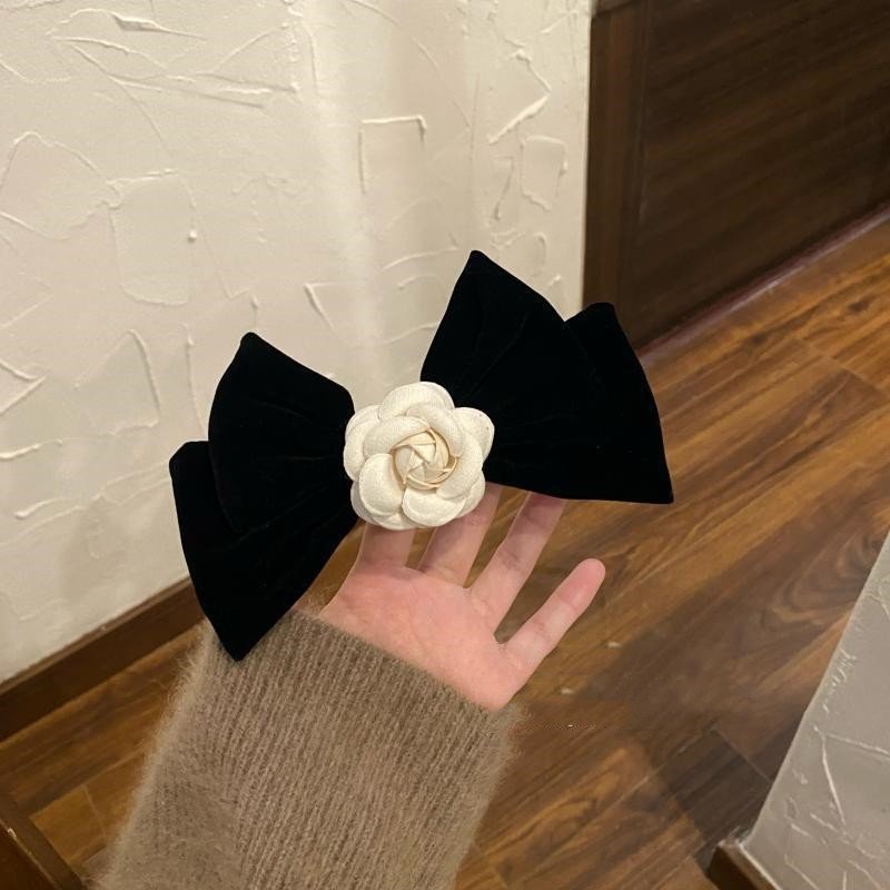 Vintage Velvet Camellia Bow Hair Clip Black