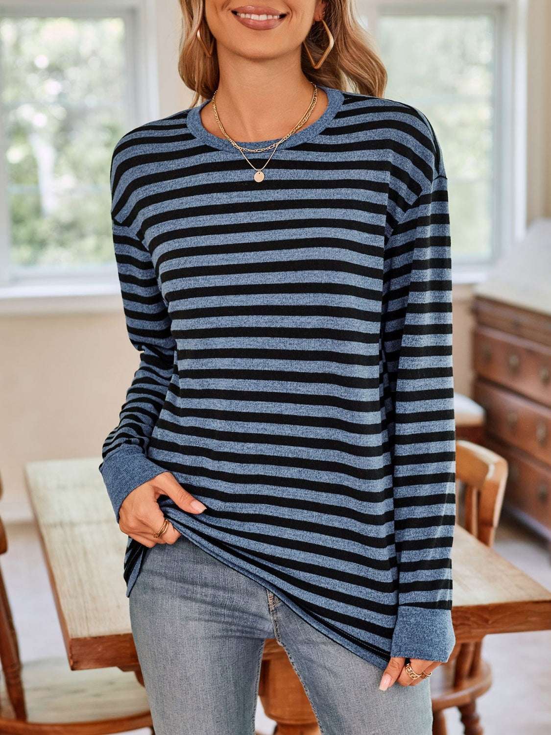 Lovelet striped round neck long sleeve t-shirt in blue and black.
