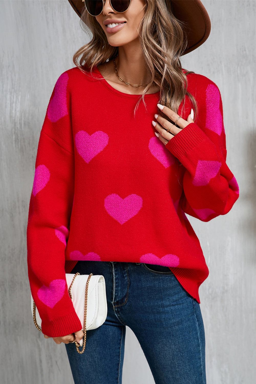 Angel Wings Heart Sweater with Round Neck and Dropped Shoulders, Red with Heart Pattern