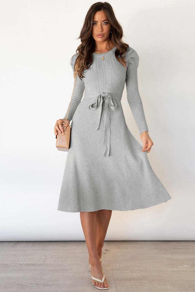 Round neck long sleeve tie waist sweater dress in gray, featuring a tied waist and stretchy fabric.