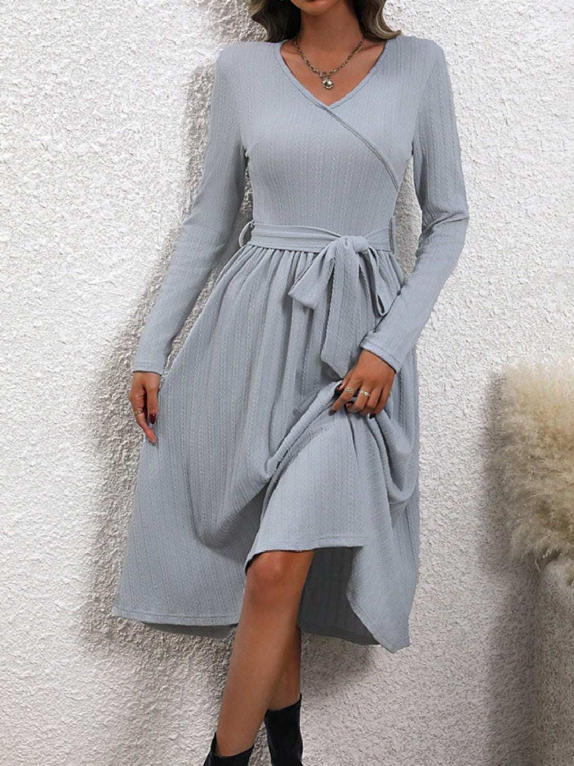 Surplice tie waist long sleeve midi dress in light gray.