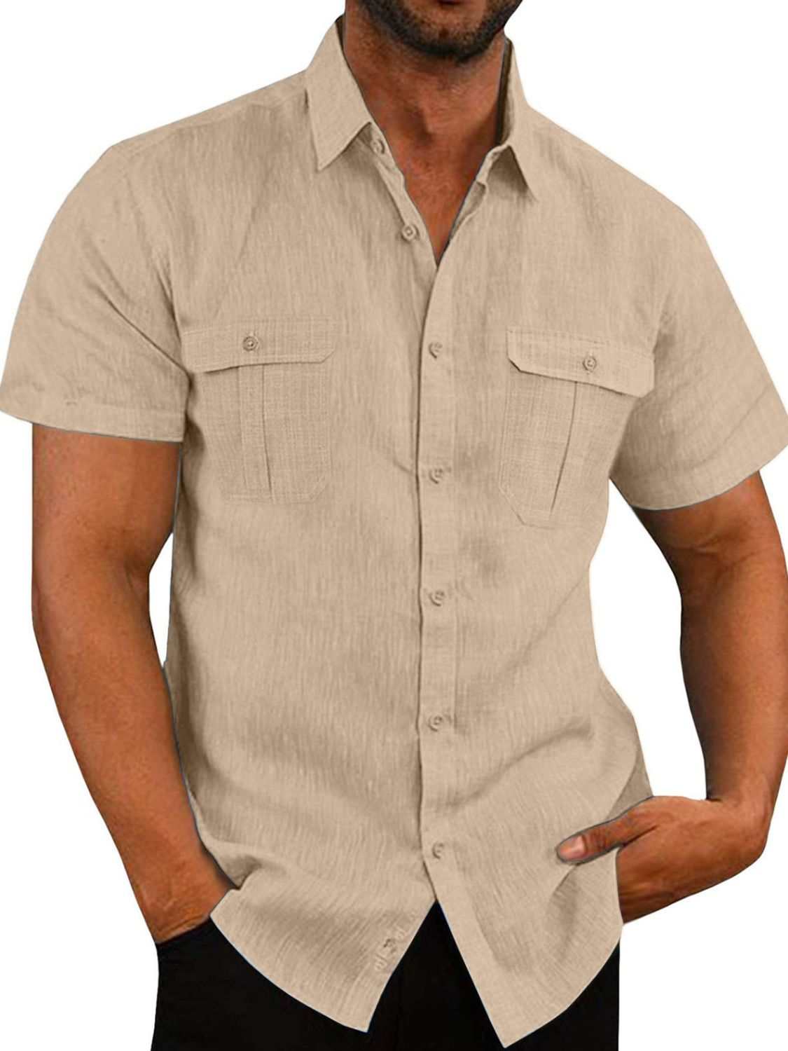 Men's plus size collared neck short sleeve shirt with buttons and pockets.