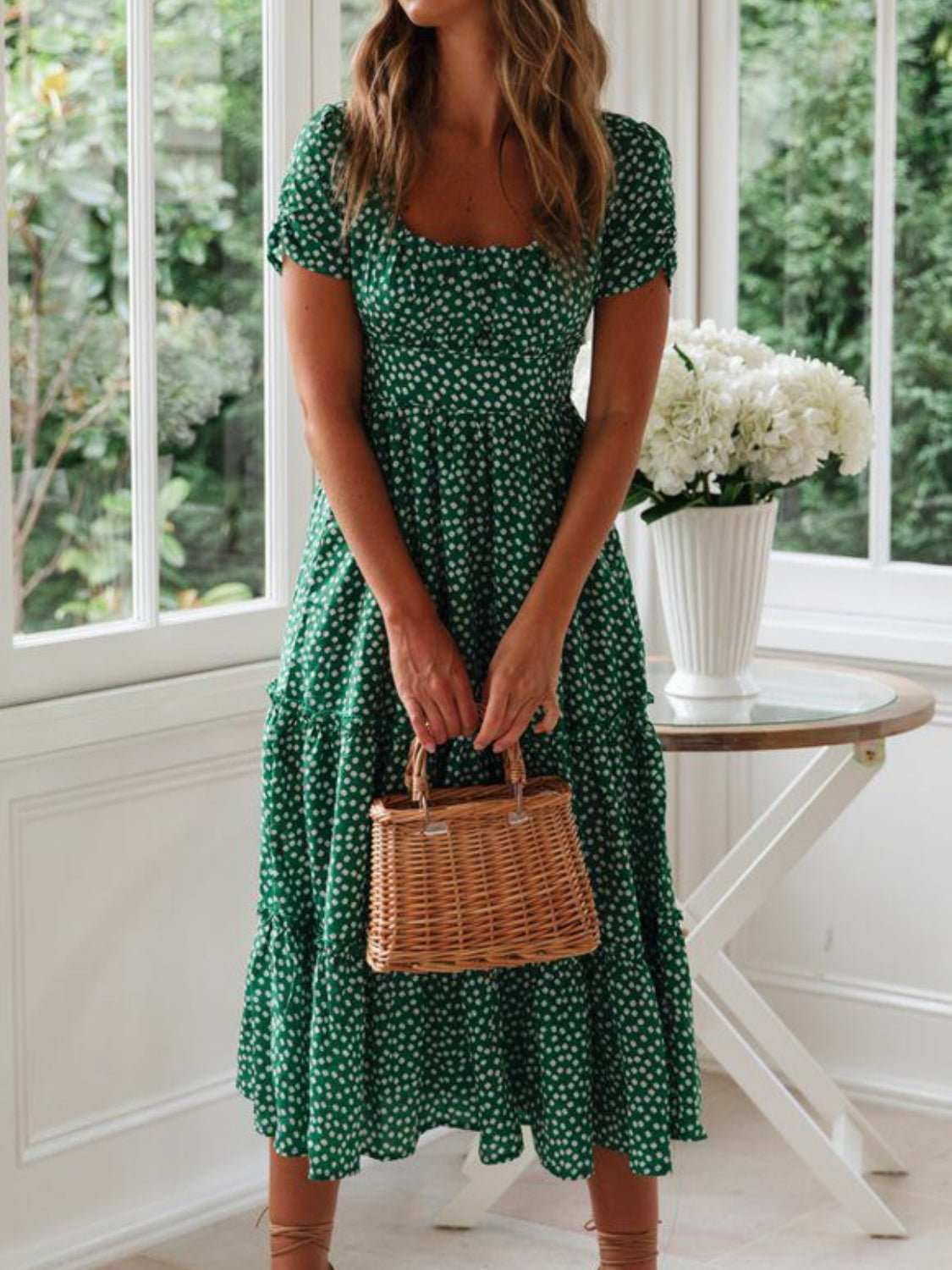 Printed Square Neck Short Sleeve Midi Dress - Securing Secrets Boutique LLC