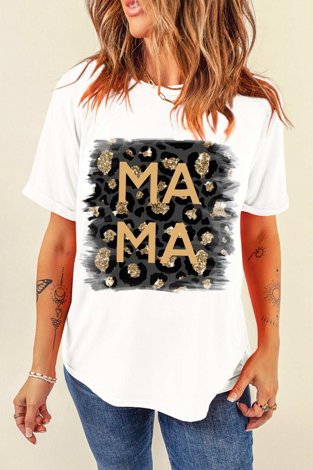 MAMA Round Neck Short Sleeve T-Shirt, white with gold and black graphic, casual style.