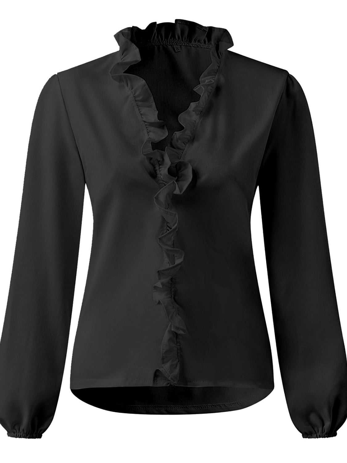 Full size black ruffled V-neck long sleeve blouse, 100% polyester, machine washable.