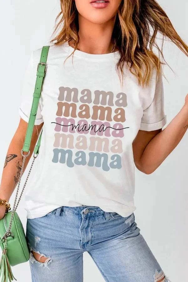 MAMA Letter Crew Neck Tee with colorful "mama" print, worn by a model with a green bag.