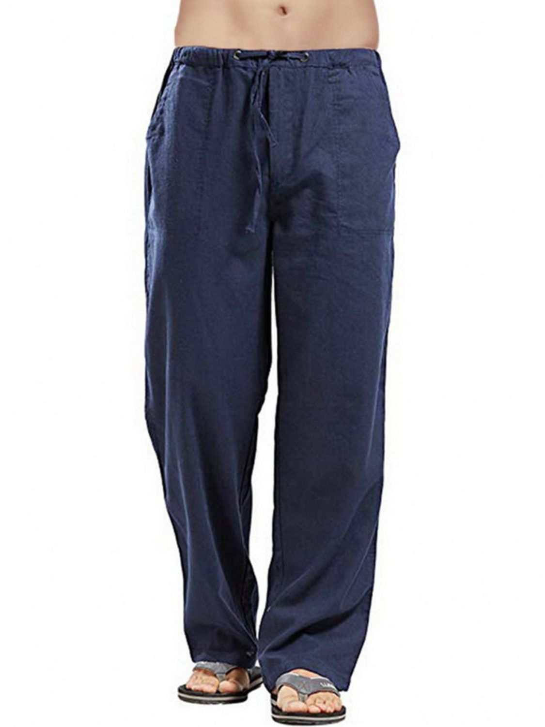 Men's full size drawstring straight leg pants in navy, featuring basic style with 80% cotton and 20% polyester material.